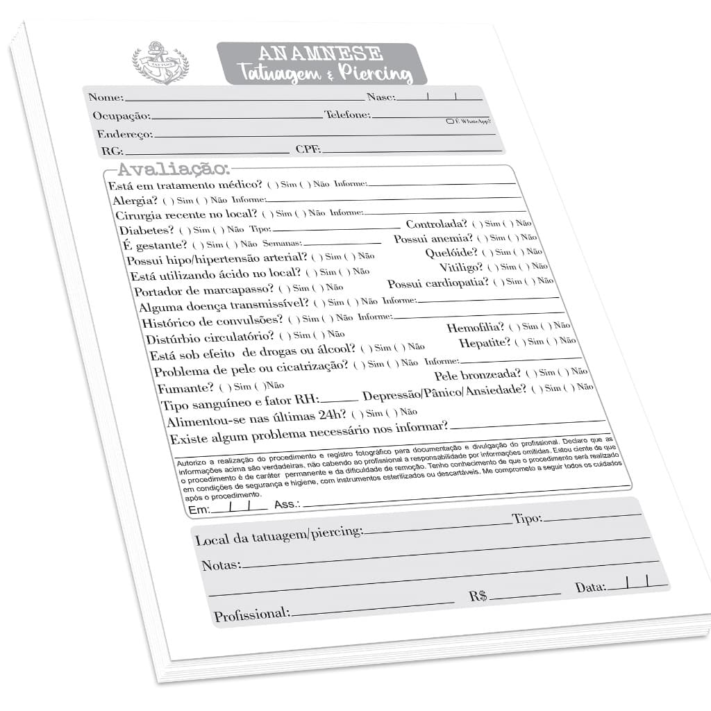 Ficha de Anamnese Tatuagem (100 folhas)