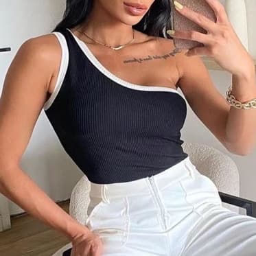 Blusa Regata Feminina Canelada  Bicolor  Ribana Blusinha Básica  Mula Manca um  Ombro Só  Social Elegante Moda Blogueira