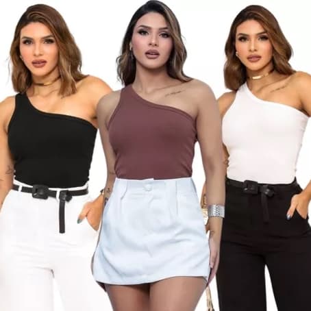 KIT com 3  Blusinha Feminina  Nula Manga Canelada Blusa Basíca Manga Única Casual Blogueira