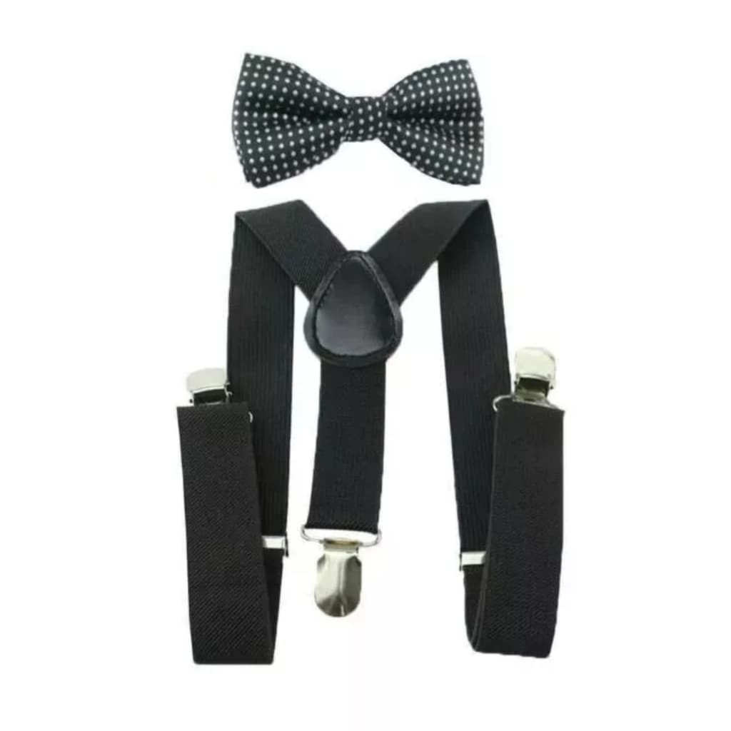 Kit Suspensório + Gravata Borboleta Preta De Poá