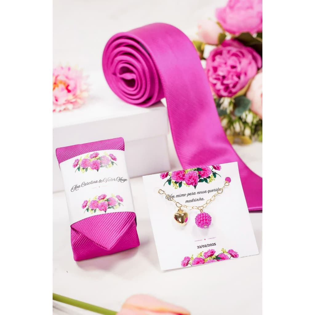 Gravata Rosa Fúcsia 1200 fios Jacquard e Pulseira Rosa Fúcsia para Padrinhos e madrinhas Casamento
