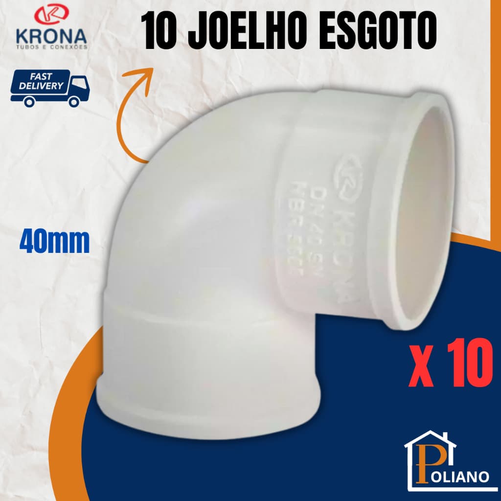 Kit 10 Joelhos Esgoto 40mm de 90 graus PVC Branco Cotovelo Krona Curva