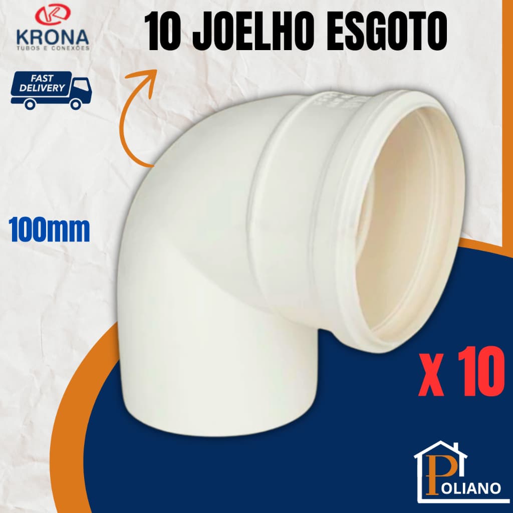 Kit 10 Joelhos Esgoto 100mm de 90 Graus PVC Branco Cotovelo Krona