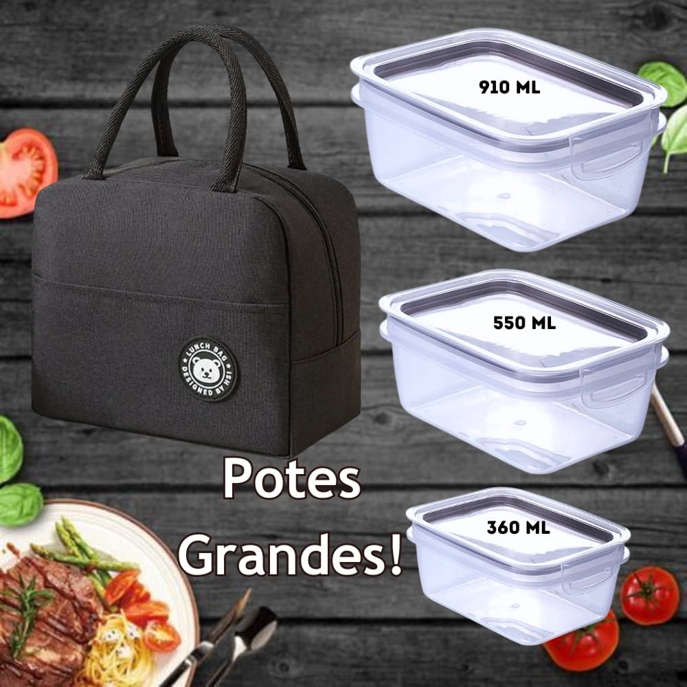 Kit Bolsa Térmica + Potes Marmita Grandes 910ml 550ml e 360ml Potes Herméticos com Vedação e Travas