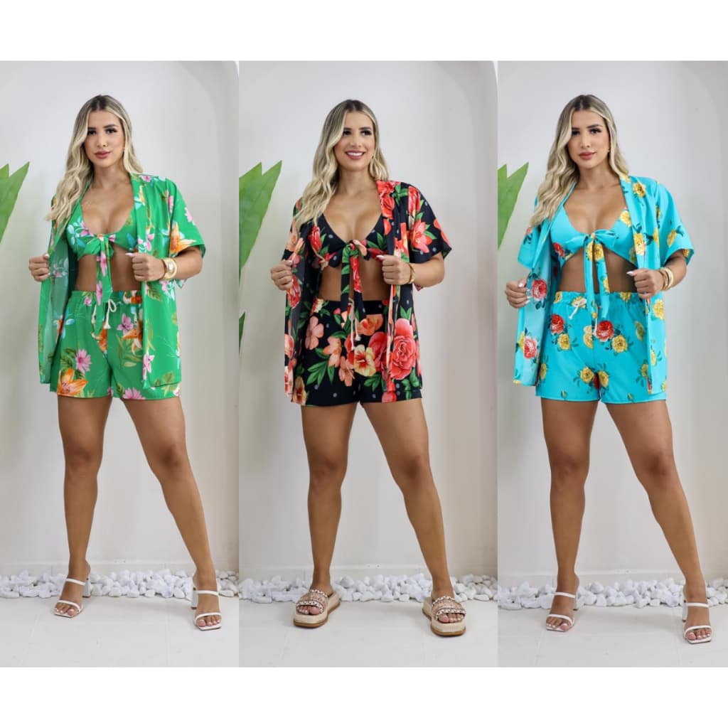 Promoção do Conjunto 3 peças Kimono Short Top Feminino Casual Saída De Praia Conjunto Feminino