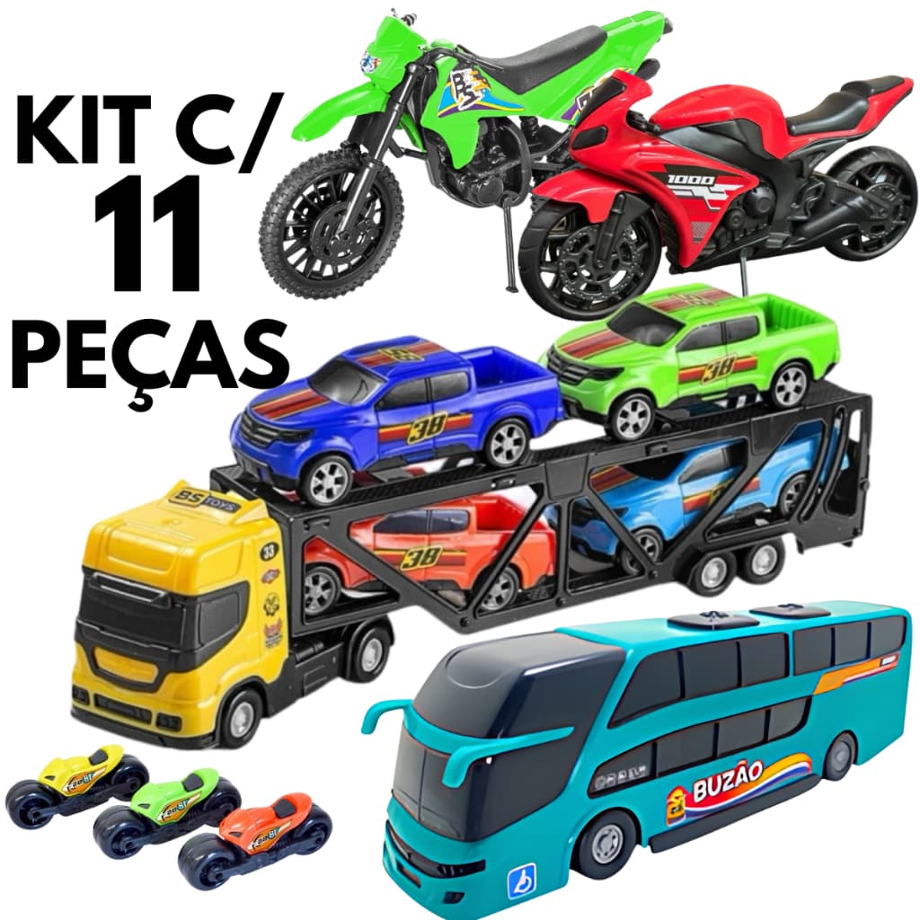 Kit 11 Brinquedos Para Meninos Caminhão Carrinhos Motos Realistas Presente dia Das Crianças