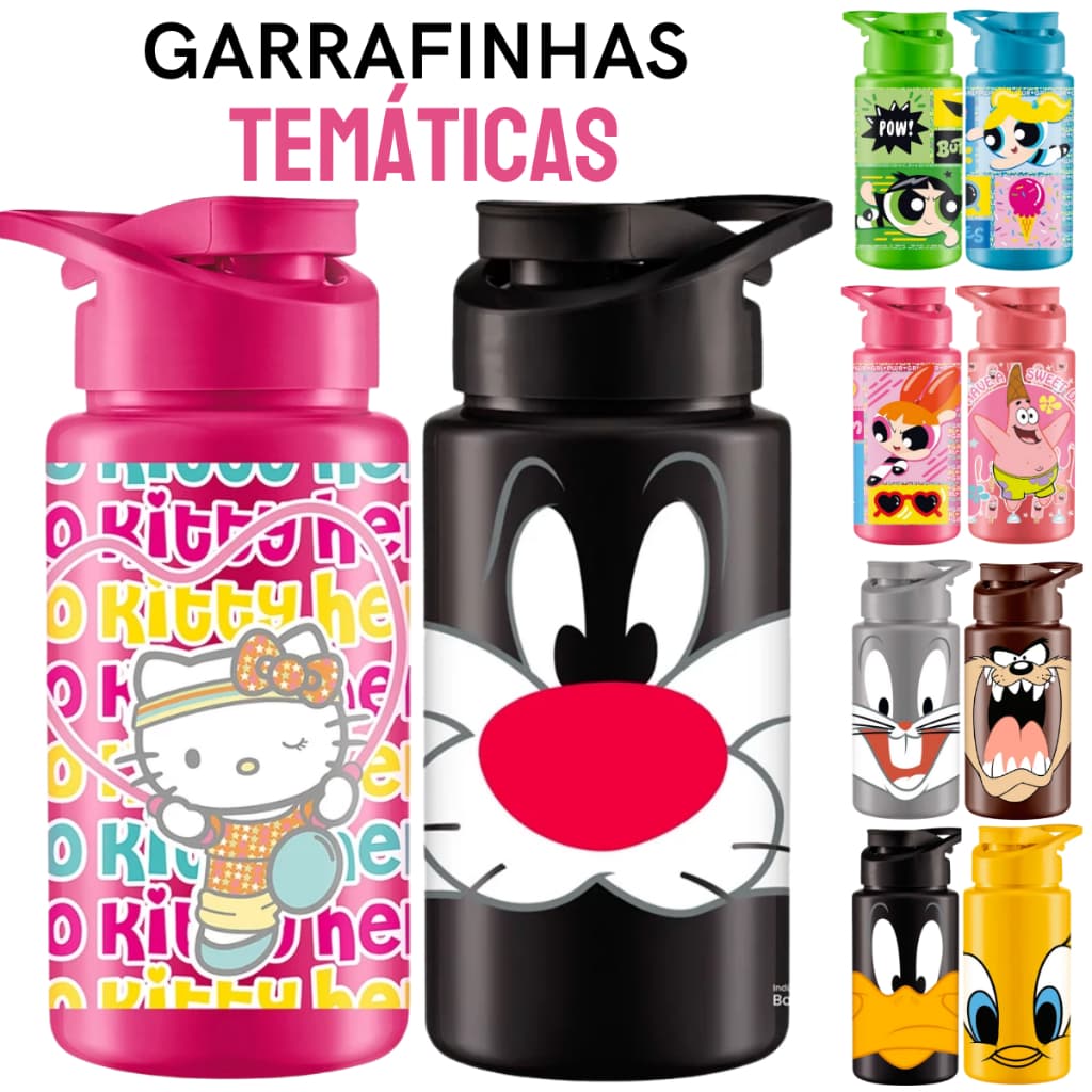 Garrafa de Água Infantil Para Meninas e Meninos Garrafinha Temática 500Ml Resistente Escola