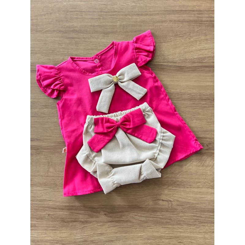 Conjunto Vestido + Shortinho 3 a 9 meses kit roupa de bebe 2 peça tecido Algodão