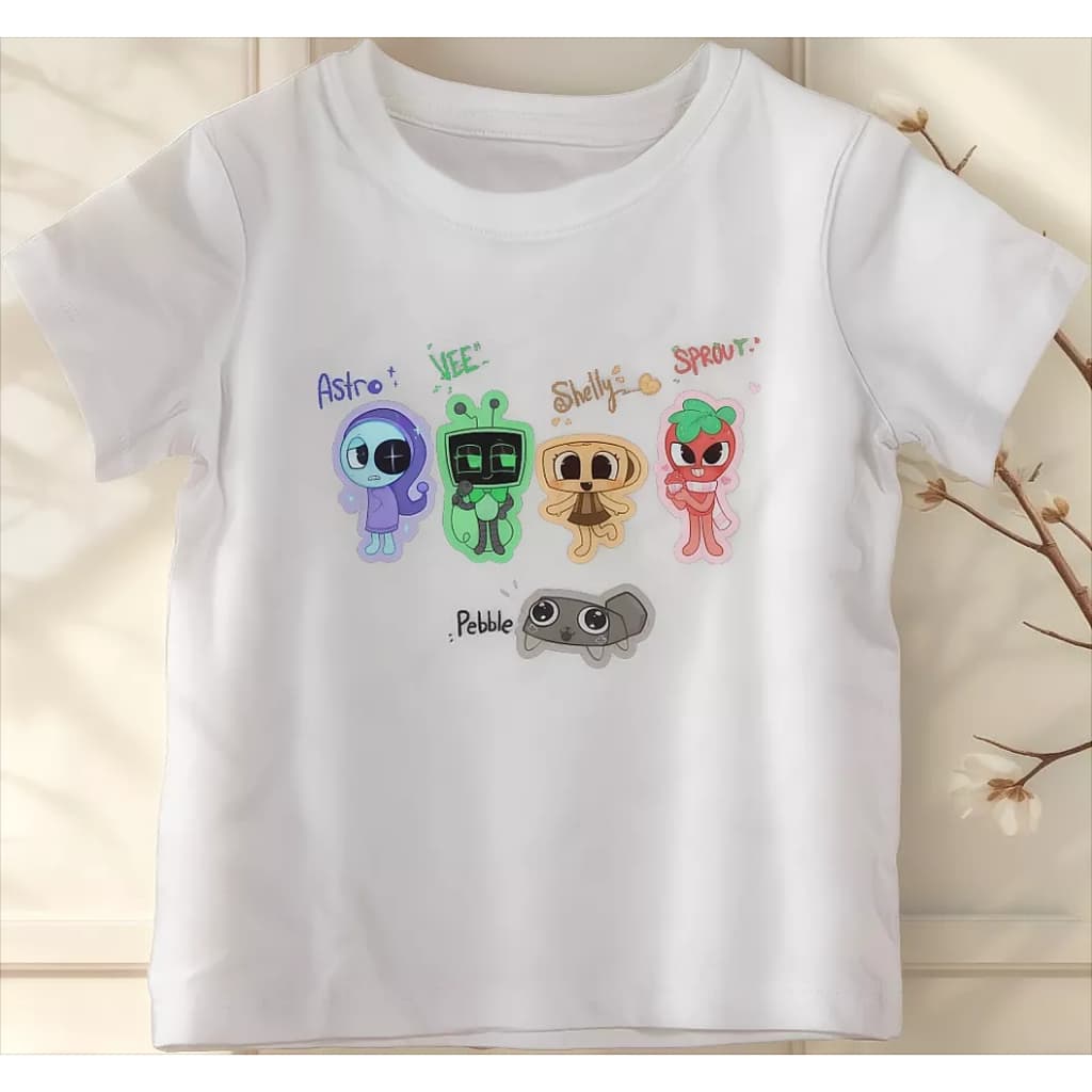 Camiseta Dandy's World Roblox Personagens DW Astro Pebble Shelly Sprout Vee