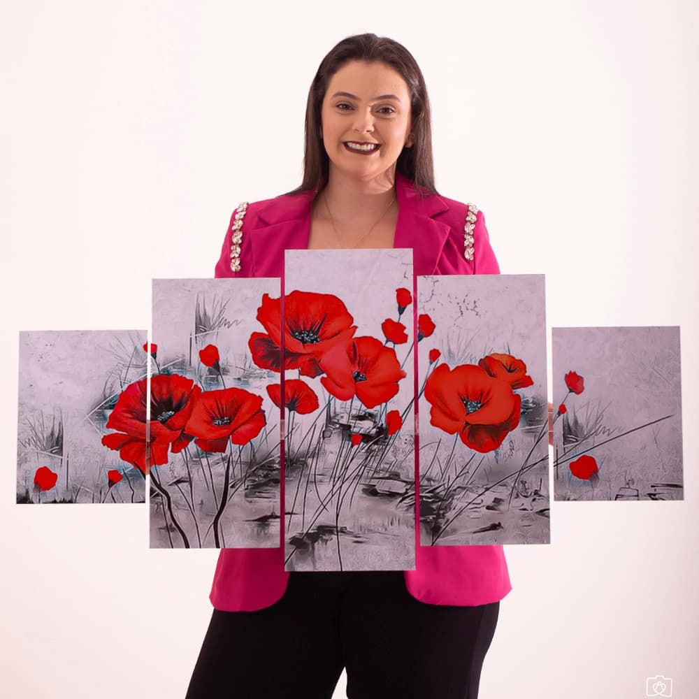 Quadro Decorativo 5 Peças Sala Quarto Flor Papoula Vermelha