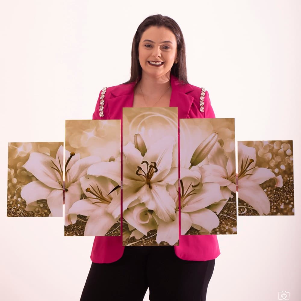 Quadro Decorativo PARA SALA LÍrio Flor Dourado 5 Peças