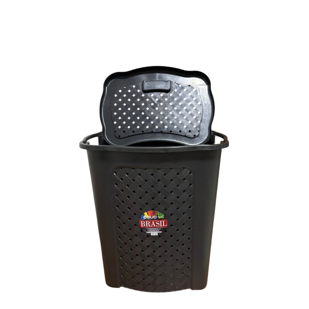 Cesto Rattan 45L Com Tampa Basculada Preto Resisteste Banheiro Lavanderia Organizador