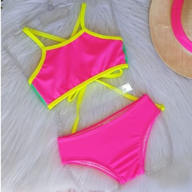 Biquini Livia Rosa Neon com Amarelo | Biquini Infantil Menina Juvenil
