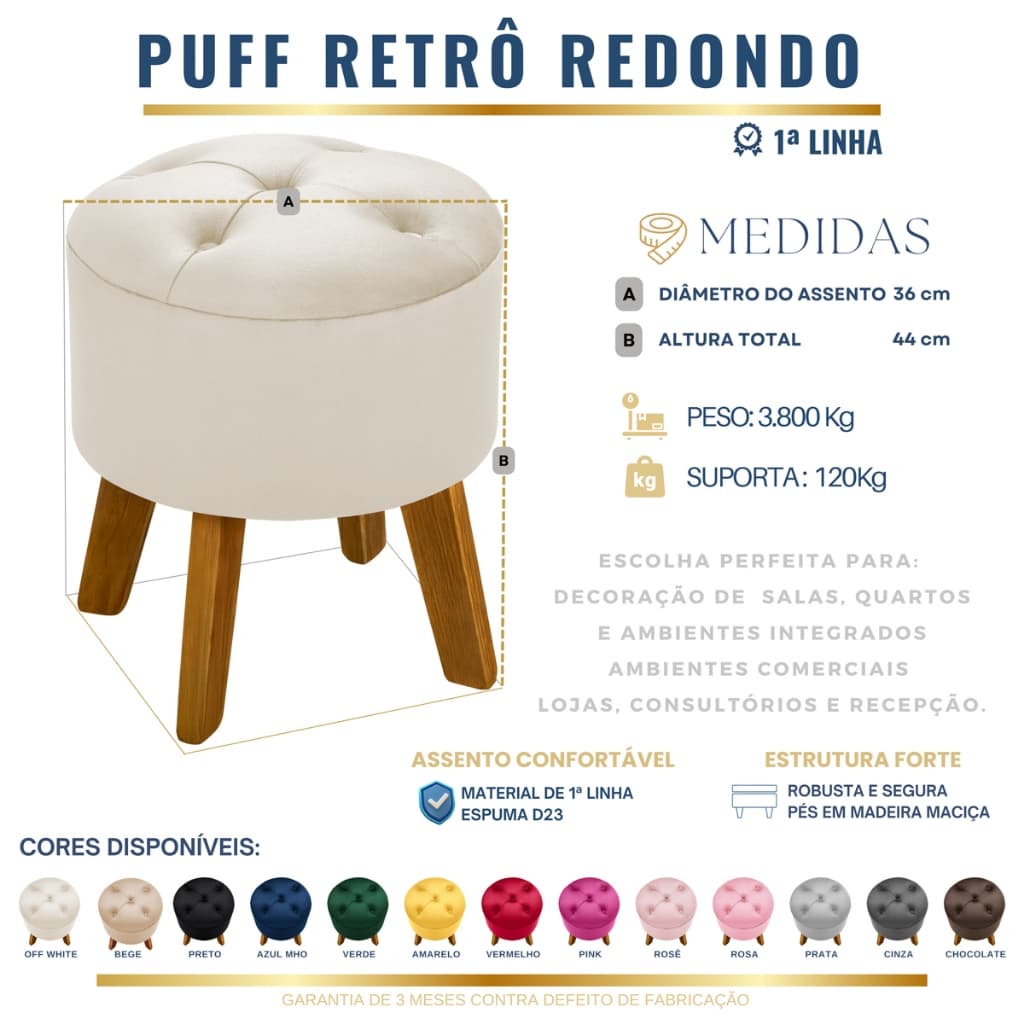 Puff Redondo Madeira Captonê