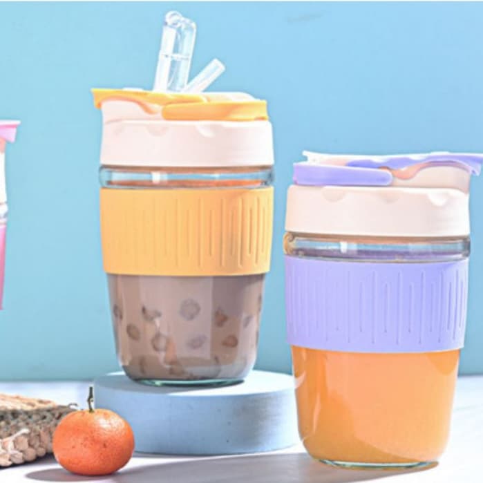 Copo Garrafa De Vidro Temperado E Silicone Com Canudo 400ml para água café sucos