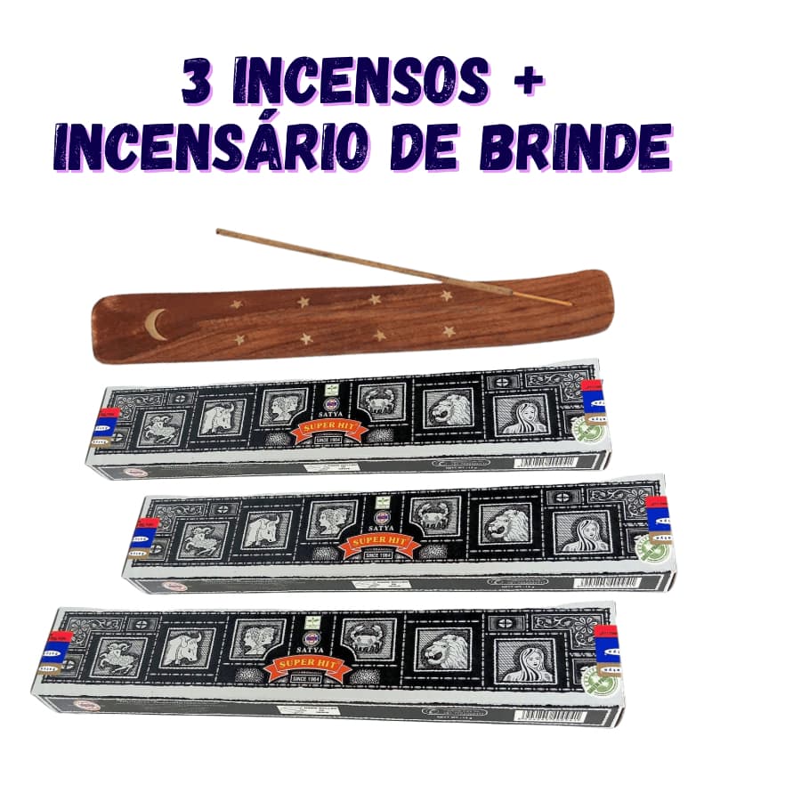 Kit 3 Incensos Satya Super Hit Original + Incensário Grátis - Purificação, Meditação e Relaxamento!