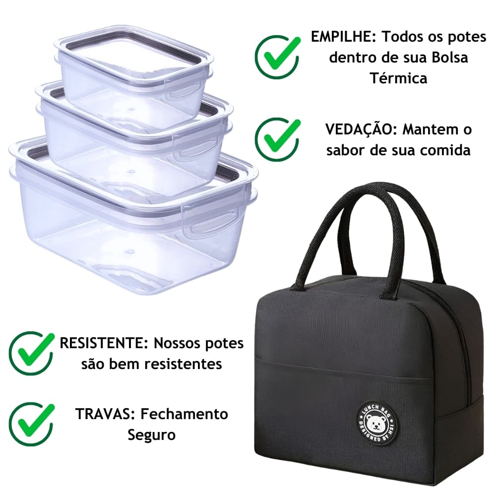 Bolsa Térmica + 3 Potes Marmita 550ml 360ml 175ml Tampa com Trava Fitness Freezer e Microondas