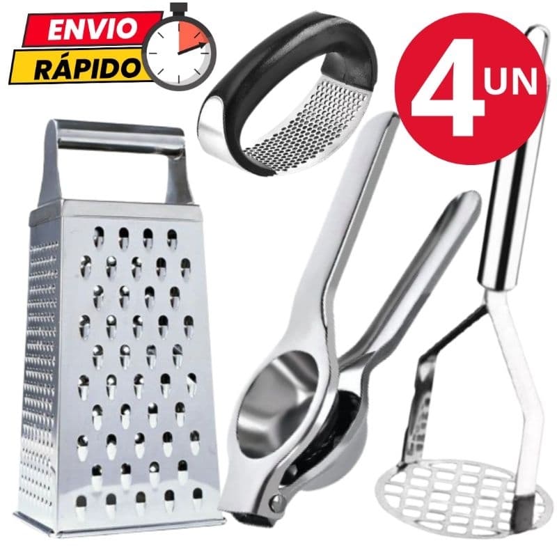 Kit 4 Utensílios Ralador 4 Faces Espremedor de Limão Espremedor de Legumes Amassador de Alho de Aço Inox Para Casa