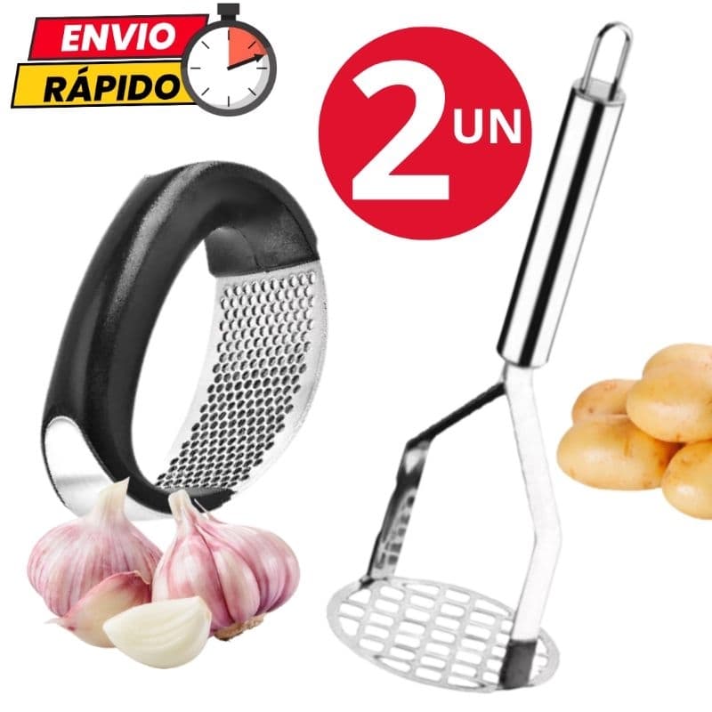 Kit 2 Utensílios Amassador de Alho e Espremedor de Legumes Batata de Aço Inox Para Casa Cozinha