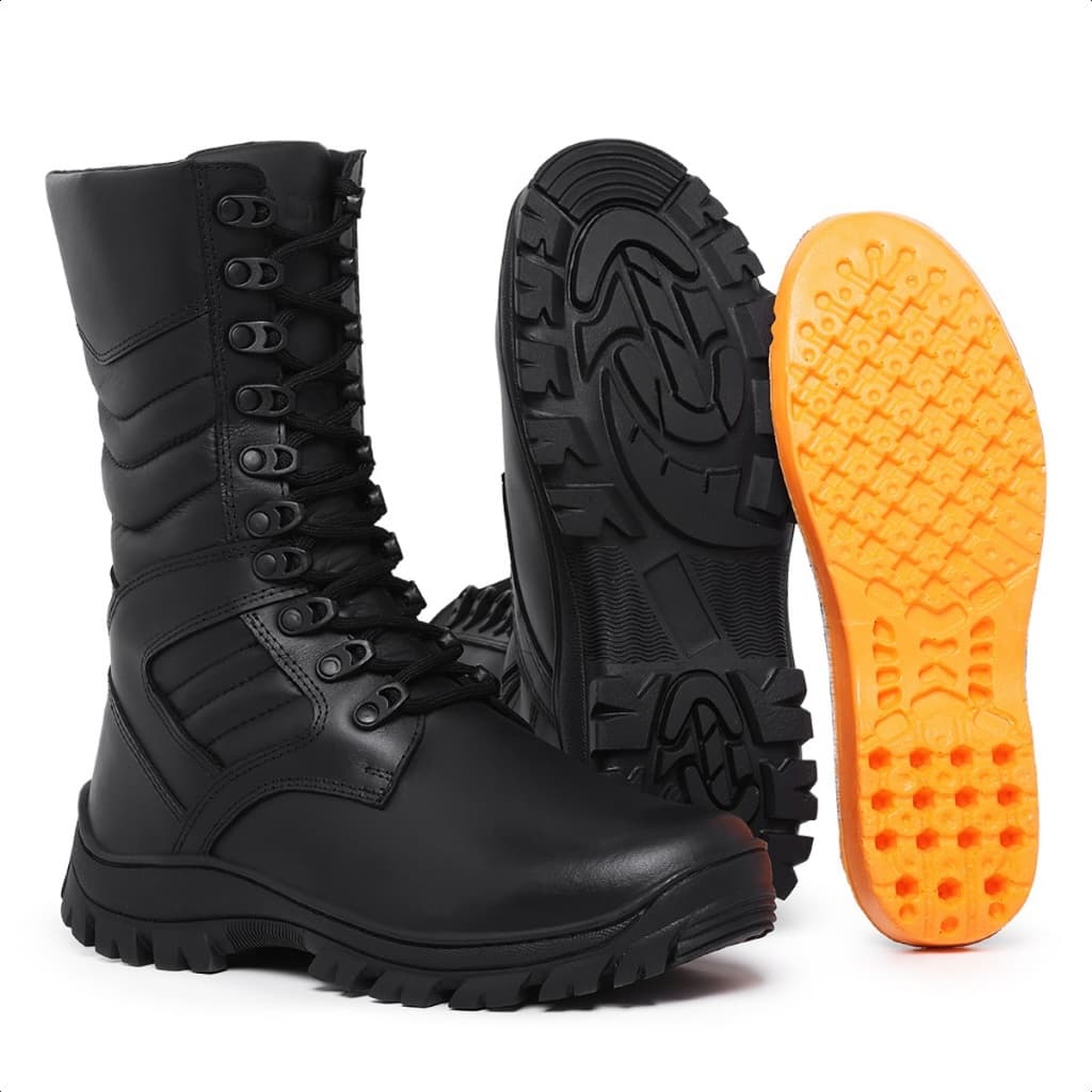 Coturno Militar Masculino Preto de Couro Cano Alto Tratorado Schiareli 1000
