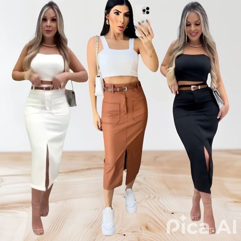 Saia Midi Alfaiataria Bolso Front.al Moda Evangélica Elegante Versátil Para Festa