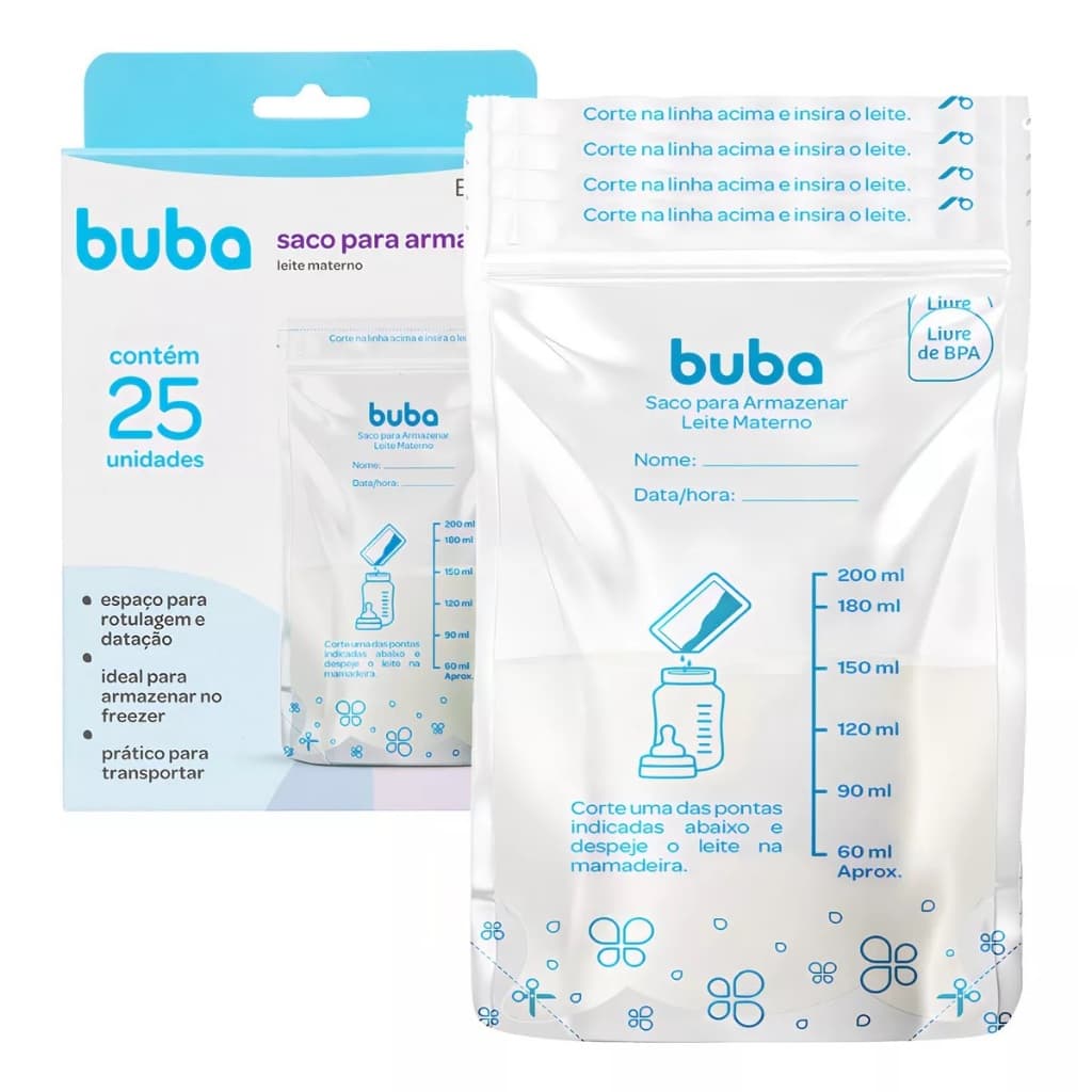 Kit Saco Para Armazenamento de Leite Materno 200ml  Branco Buba