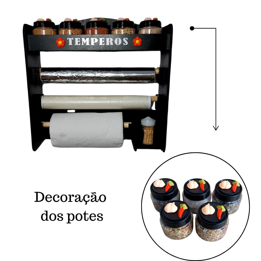 PORTA TEMPERO DE PAREDE + 5 potes de plástico decorados com biscuit