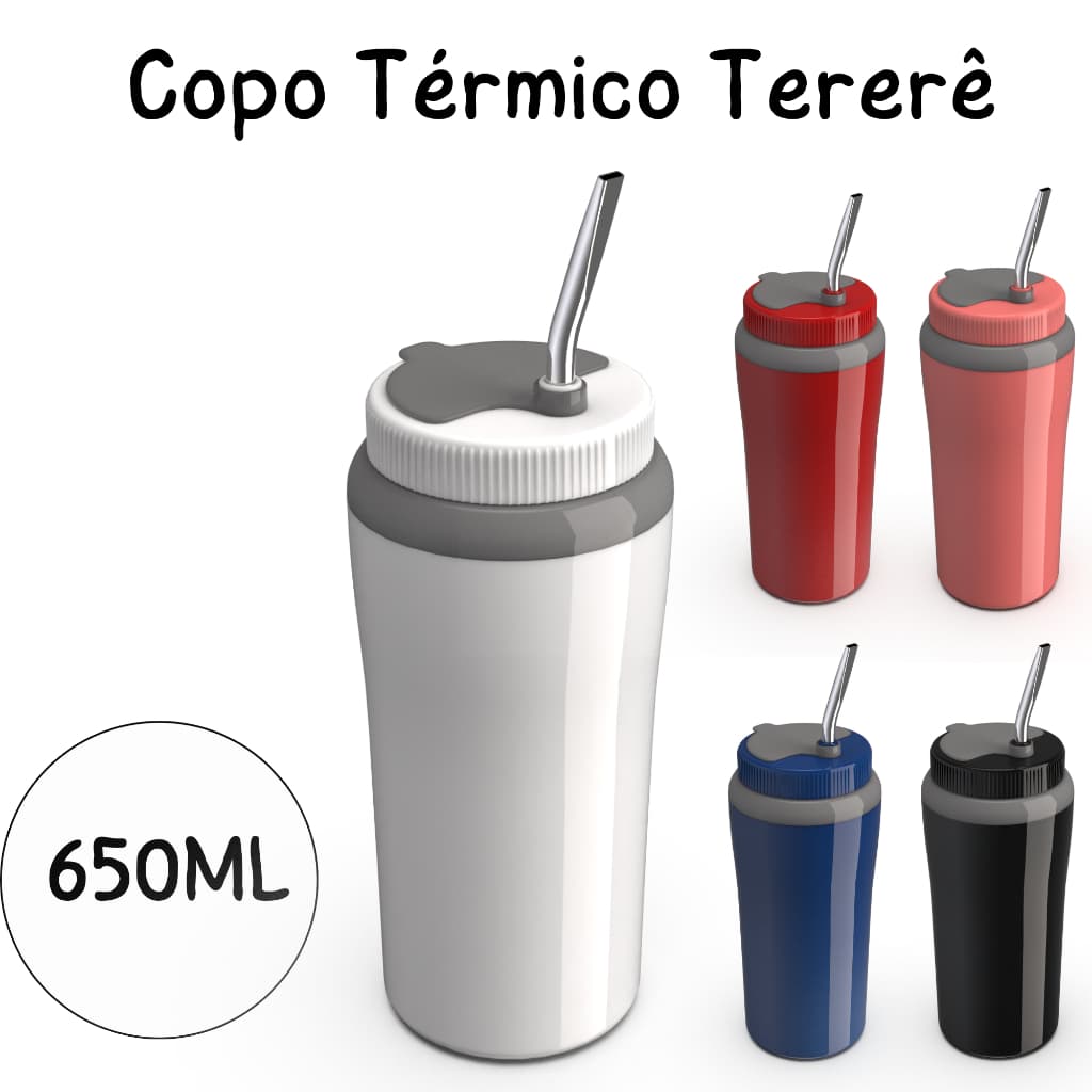 Copo Térmico Tereré 650ml Com Tampa e Bomba Canudo Inox Metálico Água Gelada Unitermi