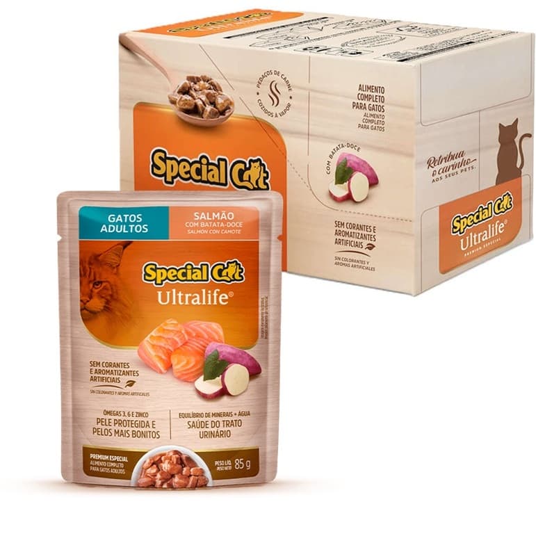 SACHE SPECIAL CAT ULTRALIFE ADULTOS SABOR SALMÃO 85G CAIXA COM 12 UNIDADES