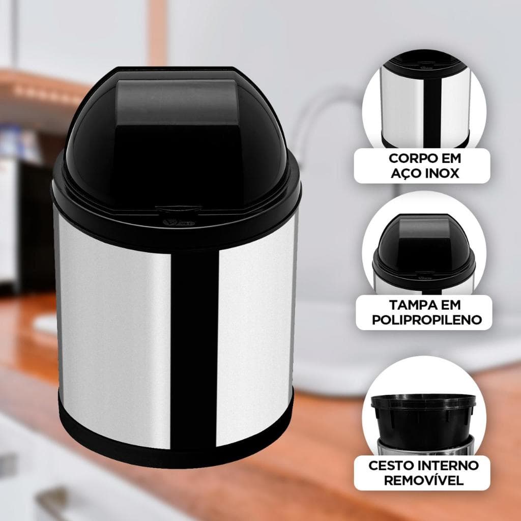 Lixeira de Pia Viel 2,5L Inox com Tampa Retrátil Cesto de Lixo para Cozinha Preta ou Branca