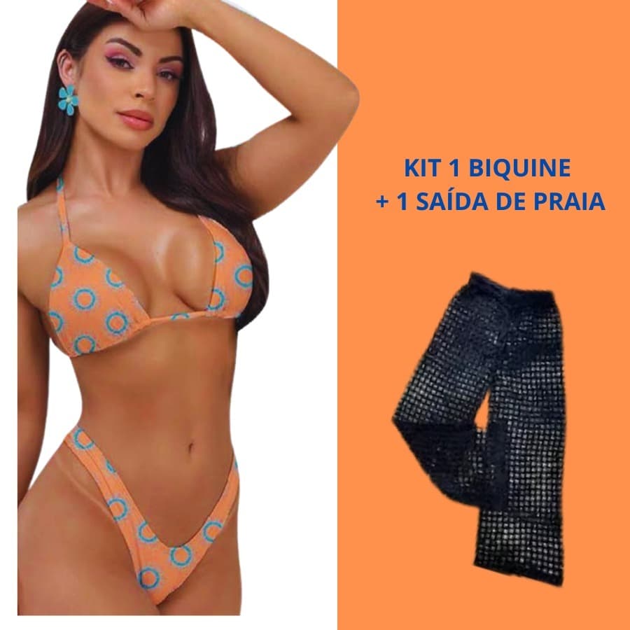Kit Biquíni Feminino Estampado Com Calça Saída De Praia Piscina Conjunto