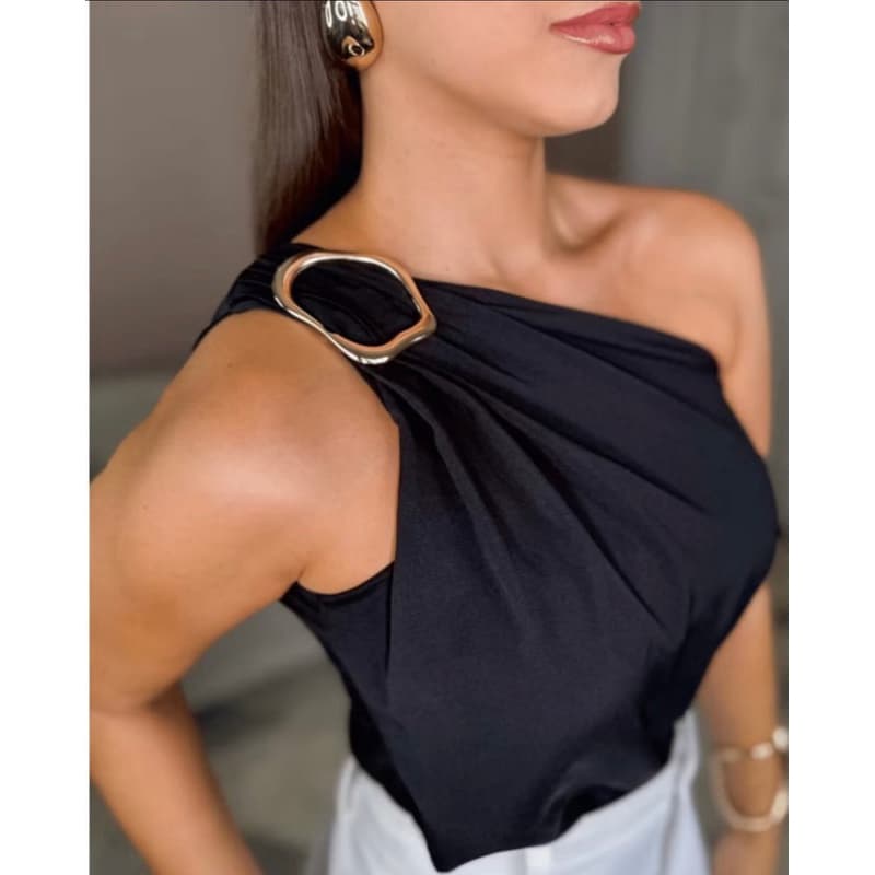 Blusa Feminina Duna Premium Decote de Um Obro Só Mula Manca Com Fivela Elegante Tendência Verão