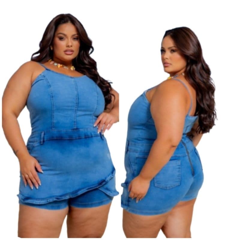 Jardinheira Short Saia Jeans Feminino Plus Size Laycra Casual