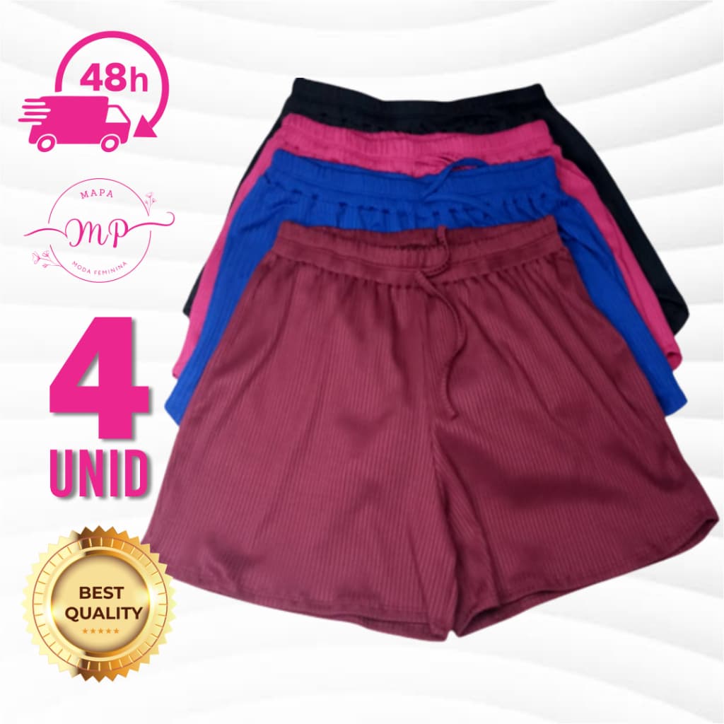Kit 4 Short Adulto Malha Canelada Premium Moda Verão Shortinho Feminino Soltinho Leve Básico Tecido Canelado