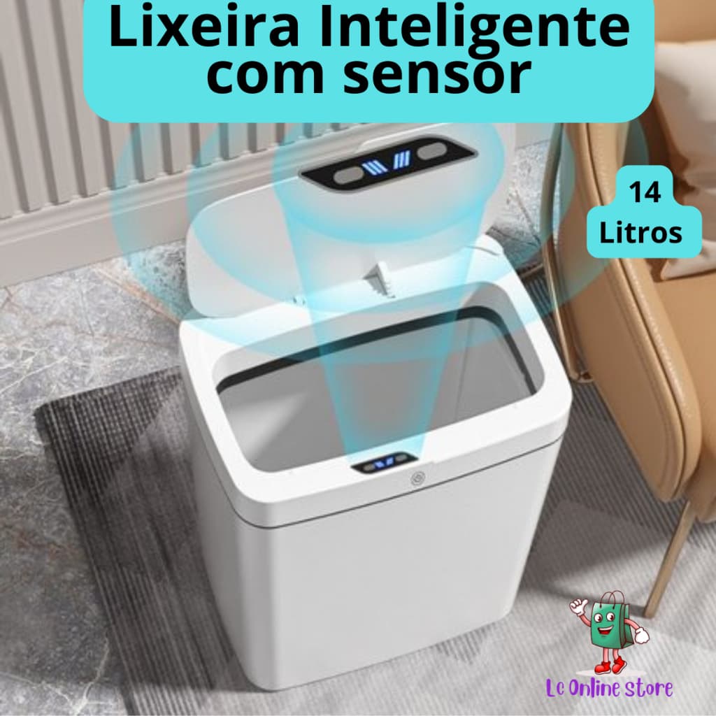 Lixeira Inteligente Retangular 14 Litros com Sensor  - Automática Cozinha, Escritório, Banheiro