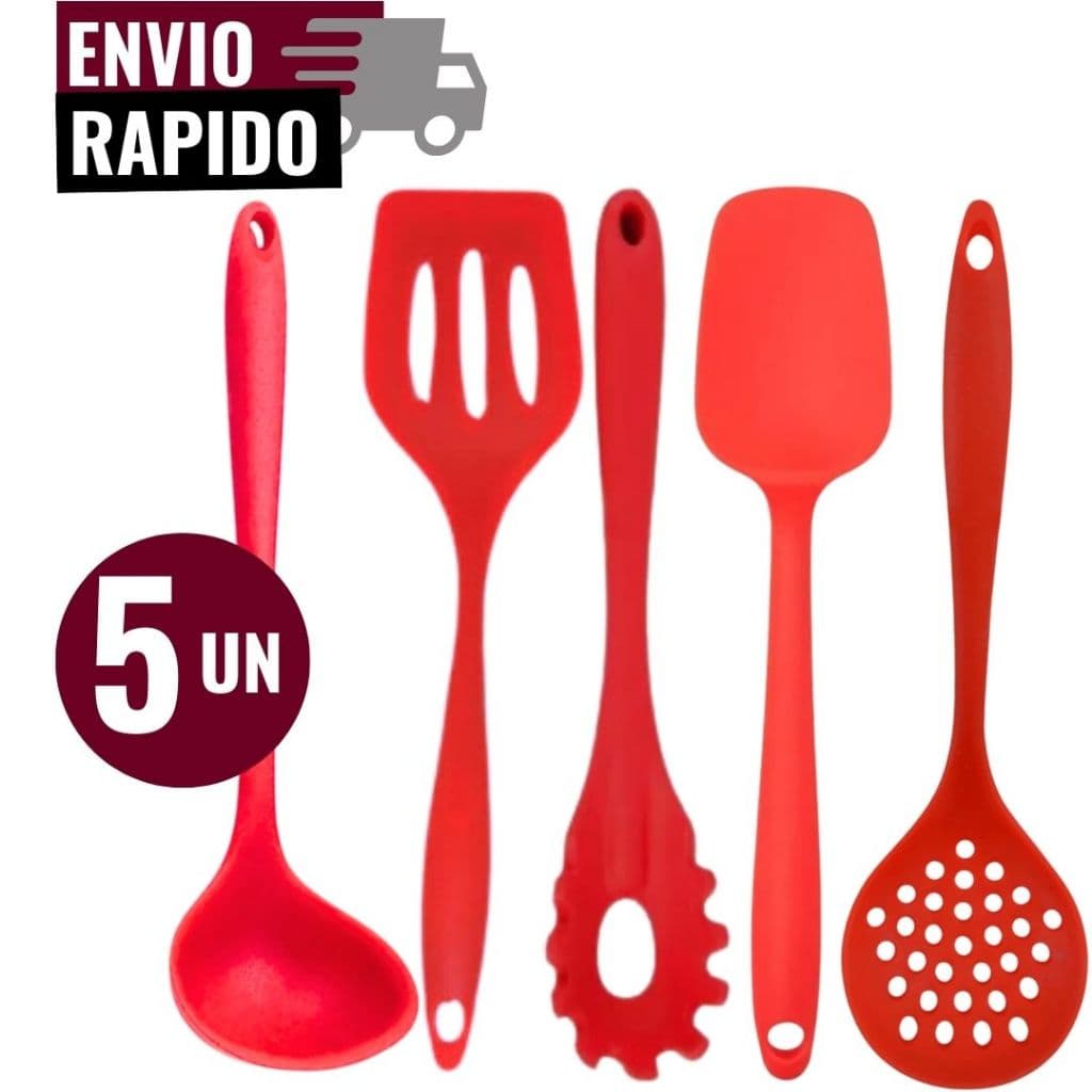 Kit 5 Utensílios Cozinha Silicone Concha Espátula Vazada Pegador de Massa Espatula Reta Escumadeira