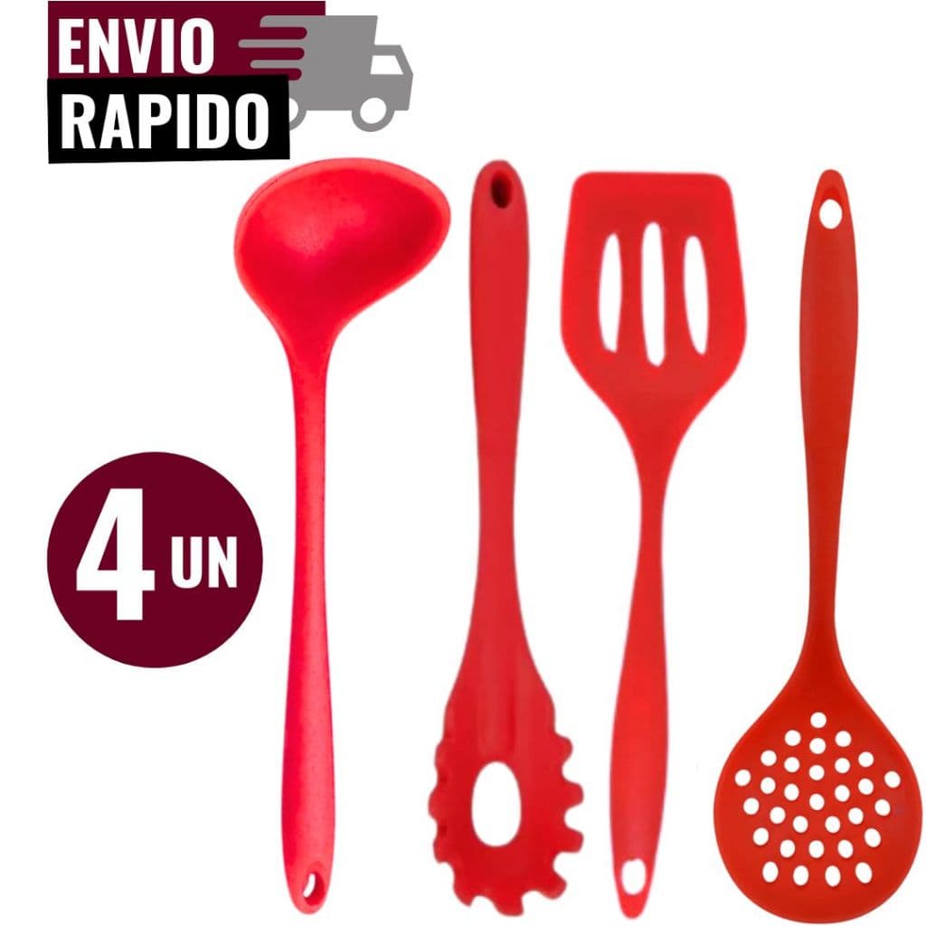 Kit 4 Utensílios Silicone Cozinha Concha Espátula Vazada Escumadeira Pegador de Massa Cozinhar