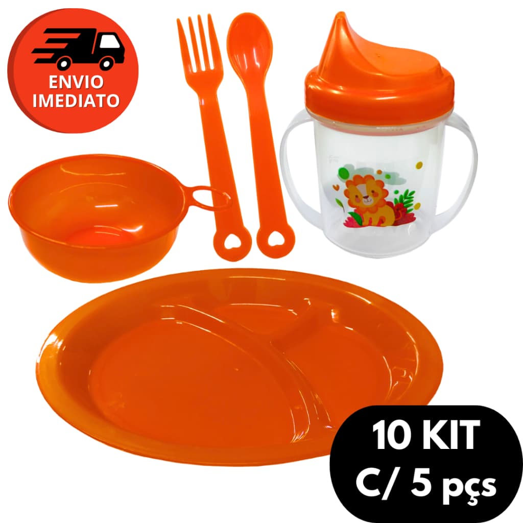 Kit Papinha Refeição Infantil Plástico Conjunto 05Pç Prato/ Talheres/ Copo/ Tigela C/08 Ou 10 Jogos