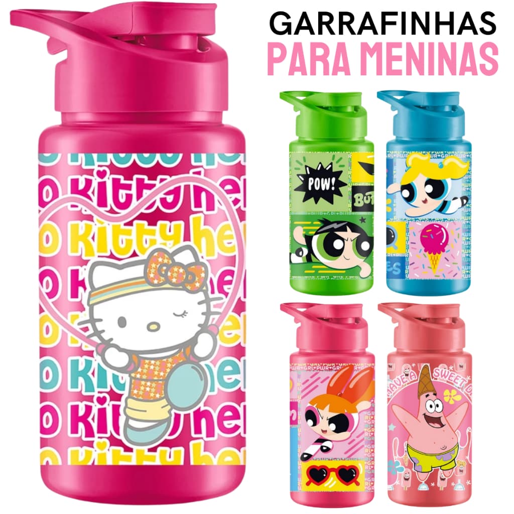 Squeeze Feminina Garrafa de Água de Menina 500 Ml Garrafinha Meninas Superpoderosas Hello Kitty