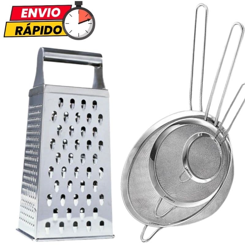 Kit Peneiras 10cm 12cm 22cm e Ralador 4 Faces em Aço Inox Para Casa Cozinha