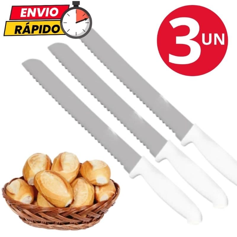 Kit 3 Peças Faca de Pão Bolo Torta Serrilhada em Aço Inox Para Casa Cozinha