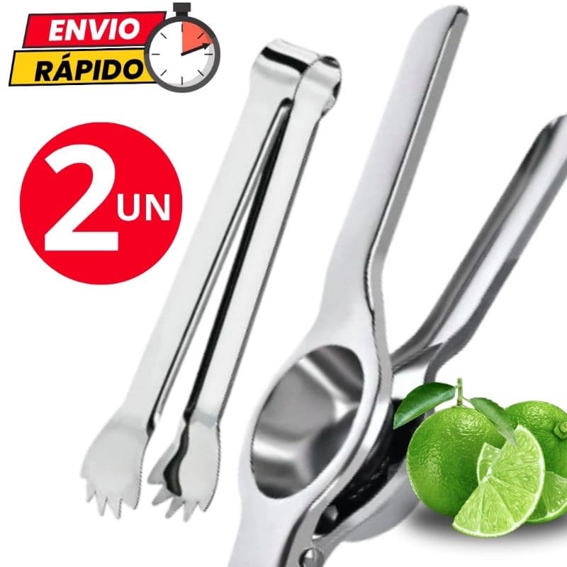 Kit 2 Utensílios Espremedor de Limão Pegador de Gelo em Aço Inox Para Casa Restaurante Buffet