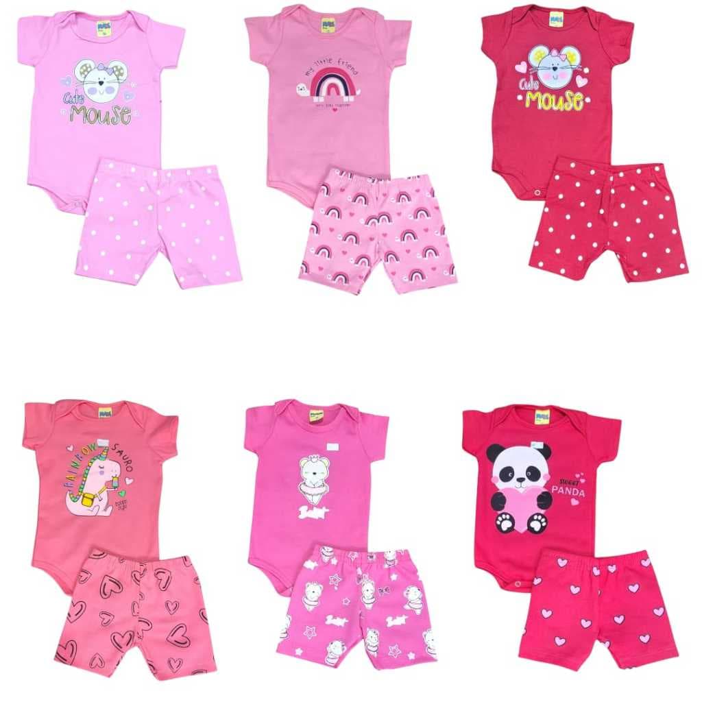 KIT BODY BEBE MENINA 6 PEÇAS 3 CONJUNTOS  ESTAMPAS VARIADAS