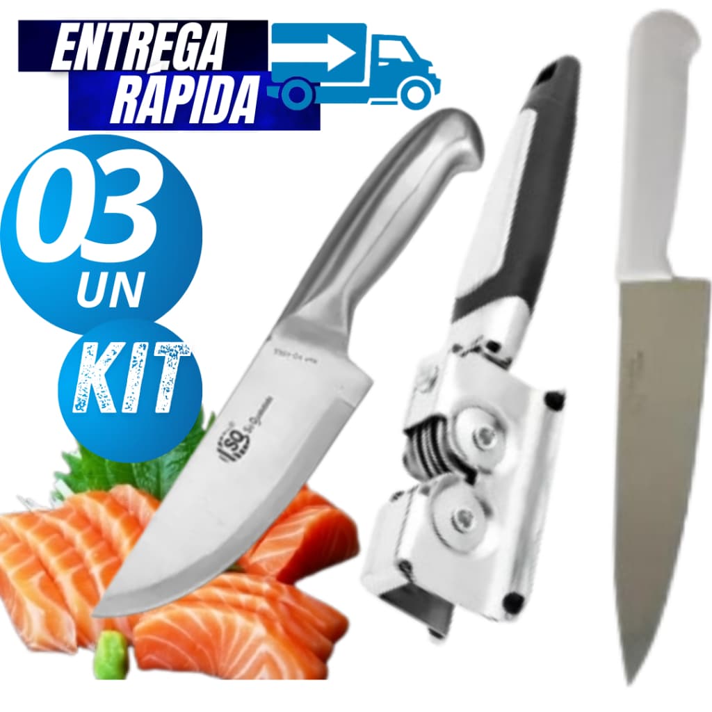 Kit Faca De Cozinha 6 Polegadas Cabo De Plástico De Aço Faca de Corte Peixeira Inox Afiador de Facas Linha Premium