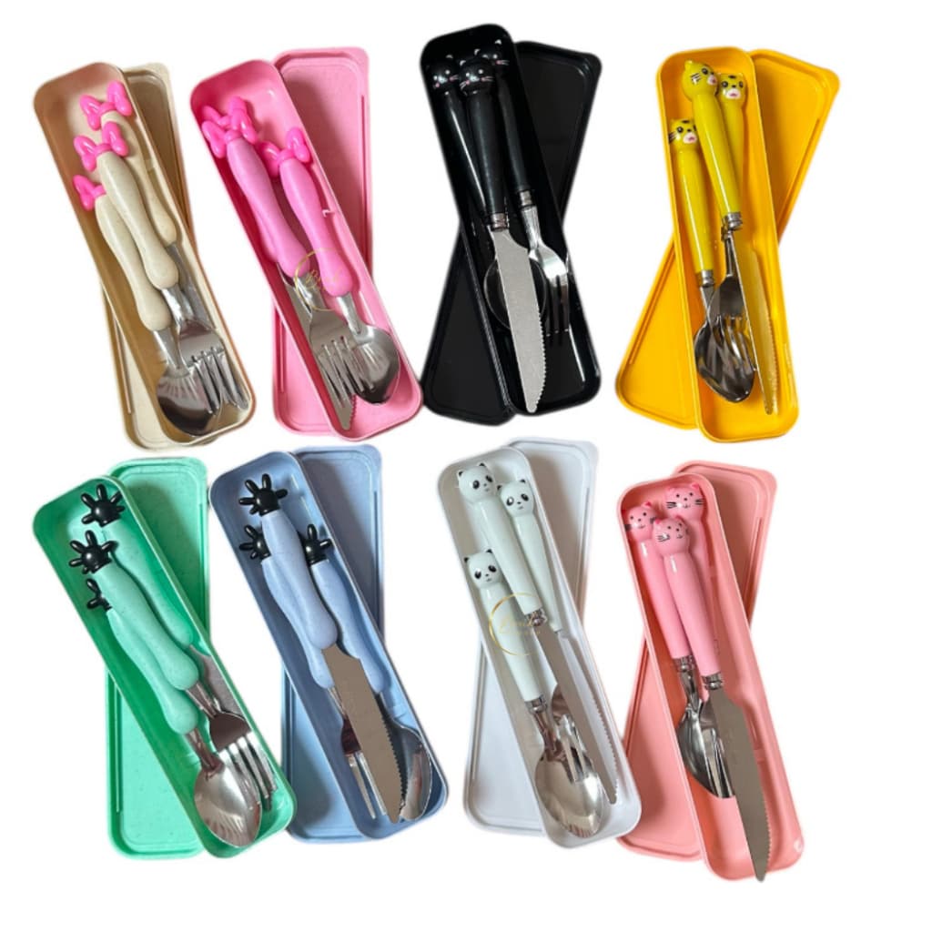 Conjunto Jogo Talher Infantil 3pc Inox Estojo Garfo Faca Colher Marmita Viagem escolar fofo ANIMAIS