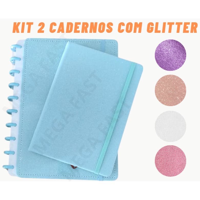 KIT 2 CADERNOS GLITTER ESTILO INTELIGENTE COM DIVISÓRIAS  E MOLESKINE - TAMANHOS (B5) E (A5) - PAPELARIA