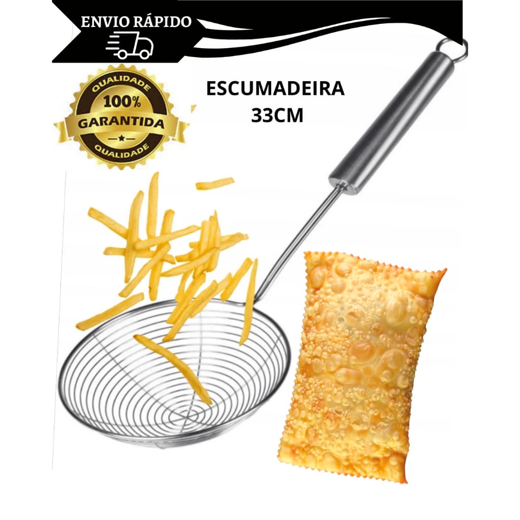 Escumadeira Para Fritura em Aço Inox De Pastel Batata Salgado Peneira Resistente Para Cozinha