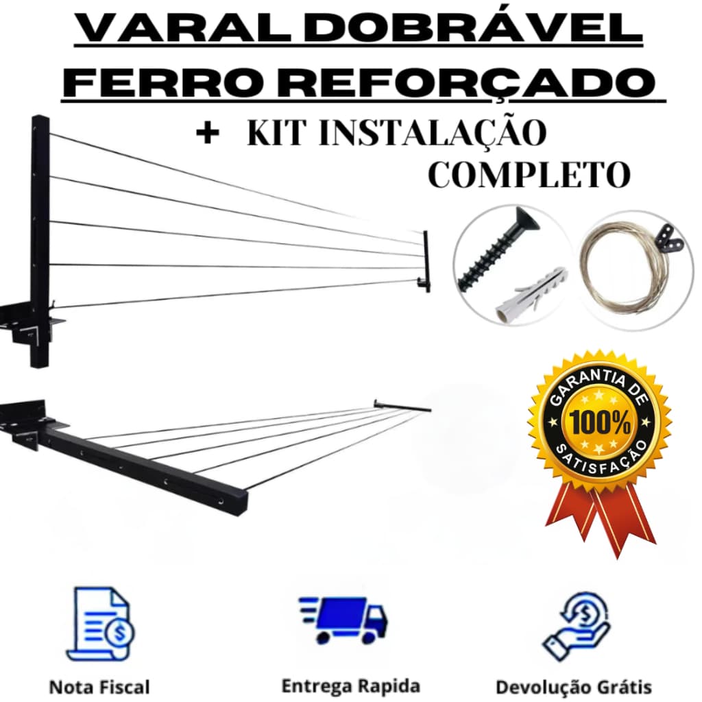 Varal Reforçado Retrátil Parede Aço Carbono Preto KIT COMPLETO+AÇO