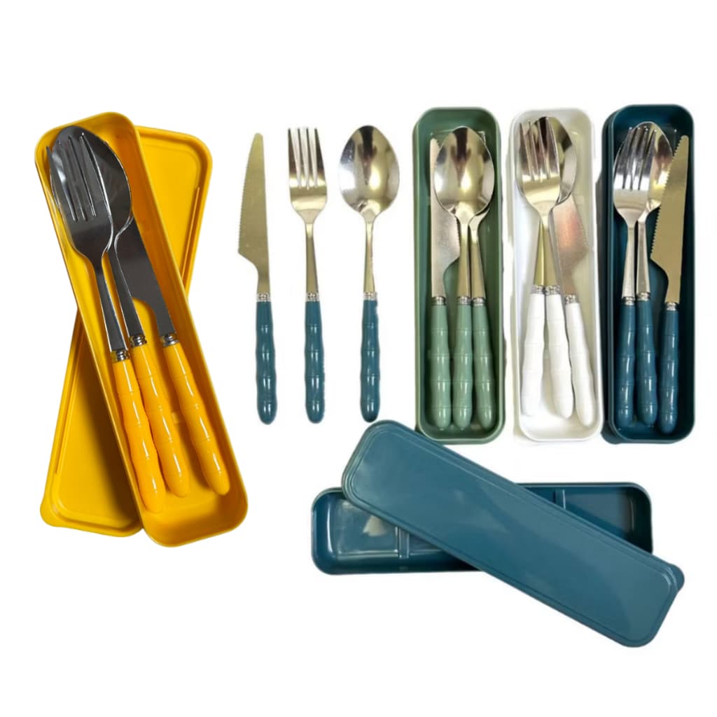 Jogo Talher 3pc Inox Estojo Garfo Faca Marmita Viagem compacto conjunto