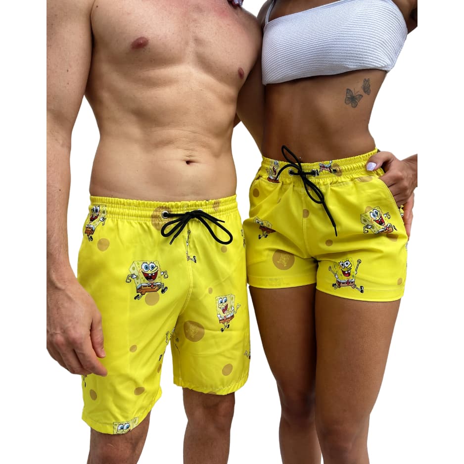 Kit Short De Casal Bob Esponja Elastano Moda Praia Verão Piscina  Banho Bermuda Combinando Namorados